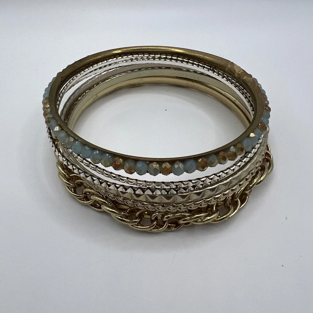 Mixed Metal Bangle Bracelet Set 6pc Gold Silver Tone Beaded Studded Textured